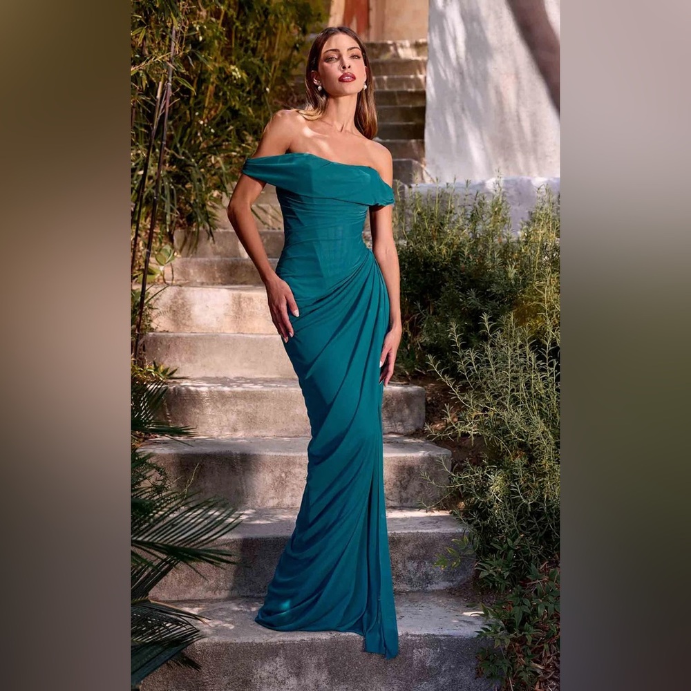 Ladivine CD387 Off-Shoulder Draped Corset Formal Dress TEAL